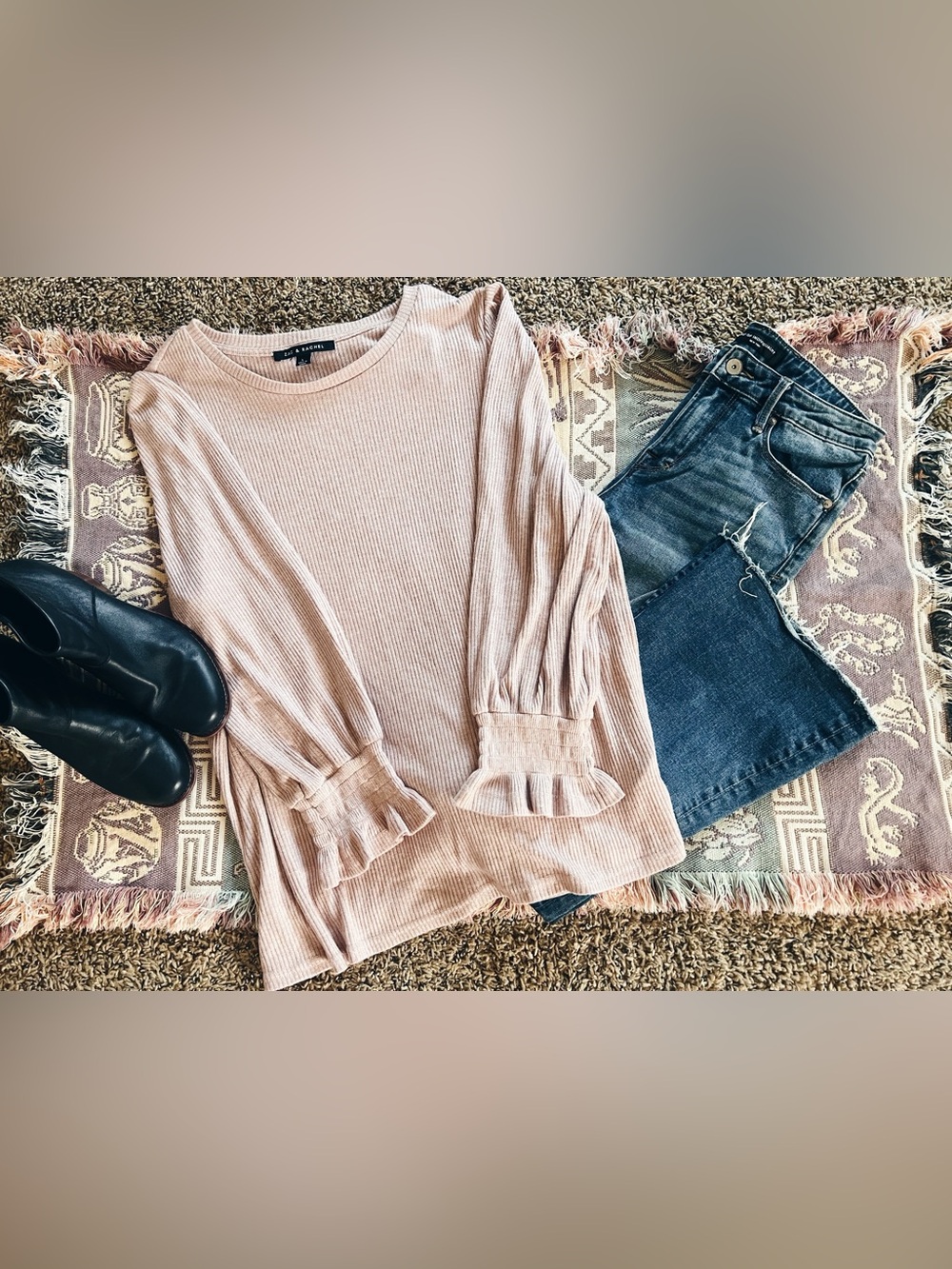 Zac & Rachel Soft Blush Ribbed Long Sleeve Top with Ruffle Cuffs